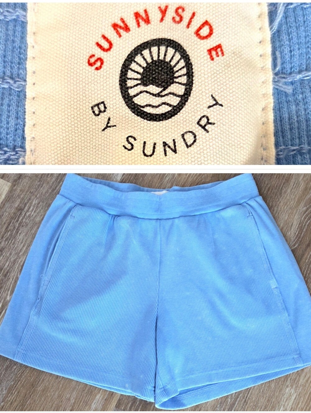 Sundry Sunnyside Waffle Pull-On Shorts Pockets Blue Marle Ribbed Resort Lounge